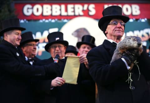 Punxsutawney Phil with his groundhog inner circle.