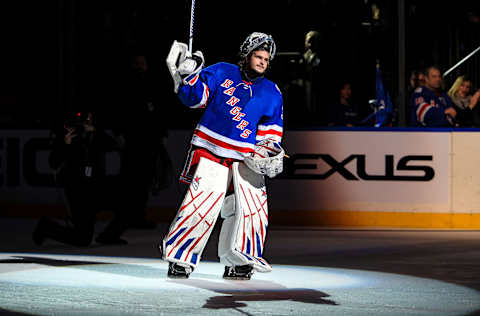 Mar 4, 2022; New York, New York, USA; New York Rangers goaltender Igor Shesterkin (31) is recognized by fans after a 3-1 win against the New Jersey Devils at Madison Square Garden. Mandatory Credit: Danny Wild-USA TODAY Sports