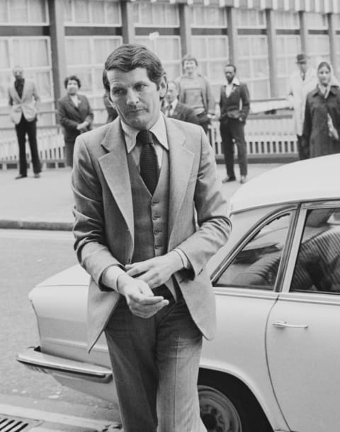 Norman Scott makes his way to court at the Old Bailey in London, during the trial of Jeremy Thorpe on May 21, 1979.