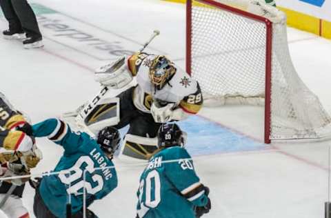 SAN JOSE, CA – APRIL 23: Vegas Golden Knights goaltender Marc-Andre Fleury (29) pulls in a shot attempt by San Jose Sharks right wing Kevin Labanc (62) during overtime in Game 7, Round 1 between the Vegas Golden Knights and the San Jose Sharks on Tuesday, April 23, 2019 at the SAP Center in San Jose, California. (Photo by Douglas Stringer/Icon Sportswire via Getty Images)