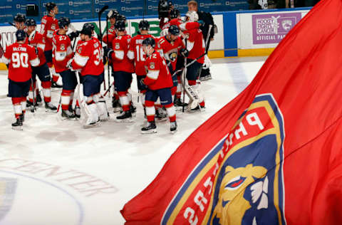 SUNRISE, FL – MARCH 10: The Florida Panthers celebrate their shoot out win against the New York Rangers at the BB