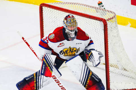 CALGARY, AB – MARCH 27: Sebastian Cossa #33 of the Edmonton Oil Kings in action against the Calgary Hitmen during a WHL game at Seven Chiefs Sportsplex on March 27, 2021 in Calgary, Alberta, Canada. (Photo by Derek Leung/Getty Images)