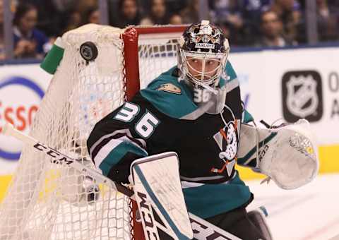 TORONTO, ON – February 4 In first period action, Anaheim Ducks goaltender John Gibson (36) keeps his eyes on a shot.The Toronto Maple Leafs played the Anaheim Ducks at the Scotiabank Arena in NHL action.February 4, 2019 (Richard Lautens/Toronto Star via Getty Images)