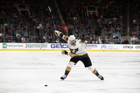 Colin Miller of the Vegas Golden Knights in action against the San Jose Sharks in Game Five of the Western Conference First Round during the 2019 NHL Stanley Cup Playoffs at SAP Center.