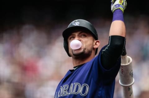 Sep 4, 2016; Denver, CO, USA; Colorado Rockies first baseman Gerardo Parra (8) in the first inning against the Arizona Diamondbacks at Coors Field. Mandatory Credit: Isaiah J. Downing-USA TODAY Sports