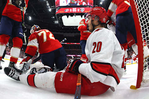 Sebastian Aho #20 of the Carolina Hurricanes looks on from the ice after colliding with Sergei Bobrovsky  at FLA Live Arena on May 22, 2023 in Sunrise, Florida. (Photo by Bruce Bennett/Getty Images)