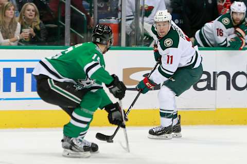 DALLAS, TX – NOVEMBER 21: Minnesota Wild Left Wing Zach Parise (11) attacks the zone with Dallas Stars Defenceman Patrik Nemeth (15) defending during the NHL game between the Minnesota Wild and Dallas Stars on November 21, 2016, at the American Airlines Center in Dallas, TX. Dallas defeats Minnesota 3-2 in overtime. (Photo by Andrew Dieb/Icon Sportswire via Getty Images)