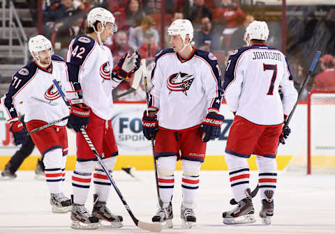 Artem Anisimov #42, Brandon Dubinsky #17 of the Columbus Blue Jackets