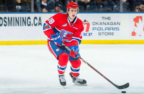 KELOWNA, BC – MARCH 03: Filip Kral #18 of the Spokane Chiefs skates with the puck against the Kelowna Rockets at Prospera Place on March 3, 2018 in Kelowna, Canada. (Photo by Marissa Baecker/Getty Images)