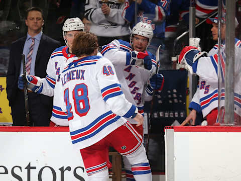 NEWARK, NJ – APRIL 01: Brendan Lemieux #48 of the New York Rangers exits the ice after fighting Miles Wood #44 of the New Jersey Devils (not pictured) during the second period at the Prudential Center on April 1, 2019 in Newark, New Jersey. (Photo by Andy Marlin/NHLI via Getty Images)