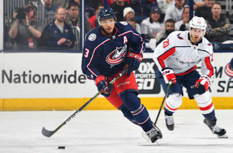 COLUMBUS, OH – APRIL 23: Seth Jones #3 of the Columbus Blue Jackets skates against the Washington Capitals in Game Six of the Eastern Conference First Round during the 2018 NHL Stanley Cup Playoffs on April 23, 2018 at Nationwide Arena in Columbus, Ohio. (Photo by Jamie Sabau/NHLI via Getty Images) *** Local Caption *** Seth Jones