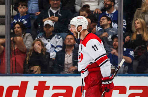 TORONTO, ON – APRIL 2: Jordan Staal #11 of the Carolina Hurricanes celebrates his goal against the Toronto Maple Leafs during the third period at the Scotiabank Arena on April 2, 2019 in Toronto, Ontario, Canada. (Photo by Mark Blinch/NHLI via Getty Images)