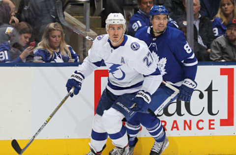 TORONTO, ON – OCTOBER 10: Ryan McDonagh #27 of the Tampa Bay Lightning skates against Cody Ceci #83 of the Toronto Maple Leafs during an NHL game at Scotiabank Arena on October 10, 2019 in Toronto, Ontario, Canada. The Lightning defeated the Maple Leafs 7-3. (Photo by Claus Andersen/Getty Images)