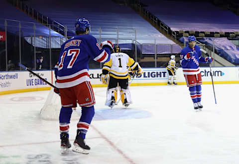 Kevin Rooney #17 of the New York Rangers (L) scores a second period goal on an assist from K’Andre Miller #79 Mandatory Credit: Bruce Bennett/POOL PHOTOS-USA TODAY Sports