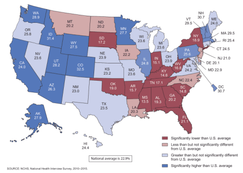 Age-adjusted percentages of adults aged 18–64 who met federal guidelines for physical activity from 2010-2015