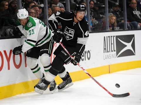 January 19, 2016; Los Angeles, CA, USA; Los Angeles Kings center Vincent Lecavalier (44) controls the puck against Dallas Stars right wing Ales Hemsky (83) during the first period at Staples Center. Mandatory Credit: Gary A. Vasquez-USA TODAY Sports