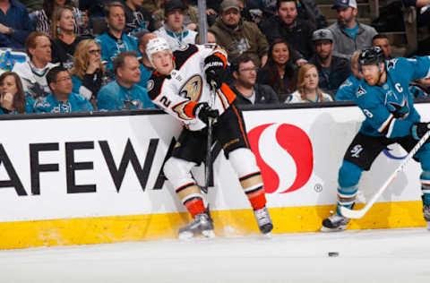 SAN JOSE, CA – APRIL 18: Josh Manson #42 of the Anaheim Ducks passes the puck against the San Jose Sharks in Game Four of the Western Conference First Round during the 2018 NHL Stanley Cup Playoffs at SAP Center on April 18, 2018 in San Jose, California. (Photo by Rocky W. Widner/NHL/Getty Images) *** Local Caption *** Josh Manson