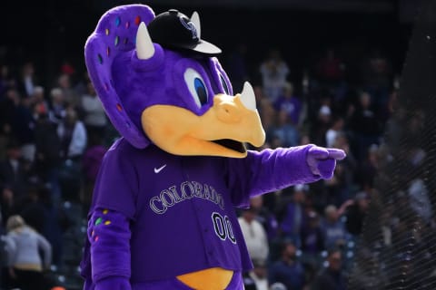 Sep 22, 2022; Denver, Colorado, USA; Colorado Rockies mascot Dinger during the seventh inning against the San Francisco Giants at Coors Field. Mandatory Credit: Ron Chenoy-USA TODAY Sports