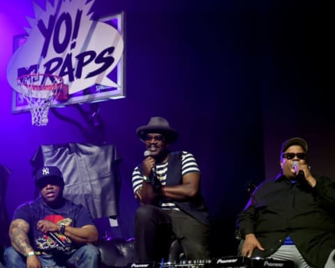 T Money, Fab 5 Freddy, and Dr. Dre onstage during the YO! MTV Raps 30th Anniversary Live Event in New York City.