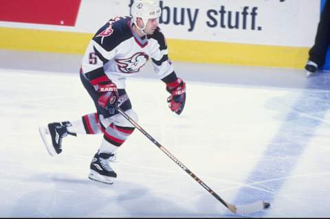 5 Mar 1999: Jason Woolley #5 of the Buffalo Sabres in action during the game against the Dallas Stars at the Marine Midland Arena in Buffalo, New York. The Sabres defeated the Stars 2-1. Mandatory Credit: Rick Stewart /Allsport