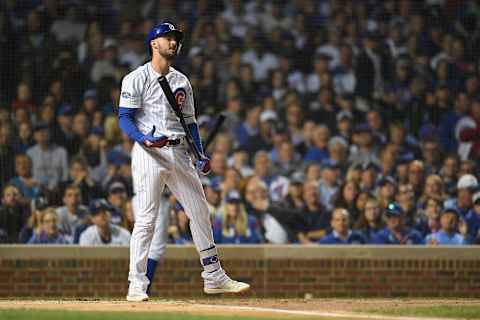 CHICAGO, IL – OCTOBER 02: Kris Bryant #17 of the Chicago Cubs reacts after striking out in the first inning against the Colorado Rockies during the National League Wild Card Game at Wrigley Field on October 2, 2018 in Chicago, Illinois. (Photo by Stacy Revere/Getty Images)