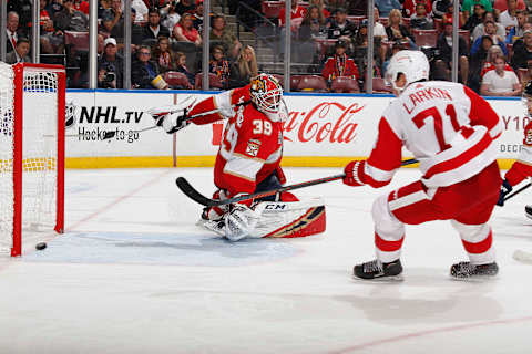 SUNRISE, FL – OCTOBER 20: Dylan Larkin #71 of the Detroit Red Wings scores a goal against goaltender Michael Hutchinson #39 of the Florida Panthers during second period action at the BB&T Center on October 20, 2018 in Sunrise, Florida. (Photo by Joel Auerbach/Getty Images)