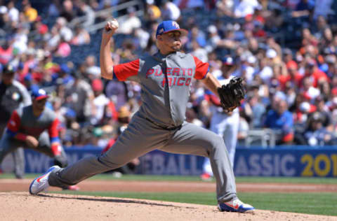 Mar 18, 2017; San Diego, CA, USA; Puerto Rico pitcher Jose De Leon (87) delivers a pitch during the first inning against Venezuela during the 2017 World Baseball Classic at Petco Park. Mandatory Credit: Orlando Ramirez-USA TODAY Sports