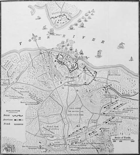 Map of Yorktown, Virginia, showing the military layout, as related to the American Revolutionary War siege there.