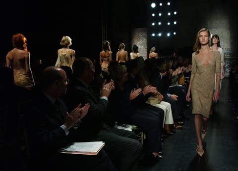 Models walk in the Douglas Hannant show during Fashion Week in September 2002.