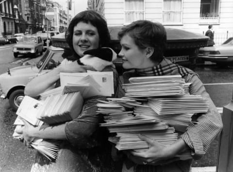 Actresses Fiona Fullerton and Clare Clifford posting some of the many letters sent to the House of Lords and parliamentary candidates to request support for World Day for Laboratory Animals which was instituted that year, 1979.