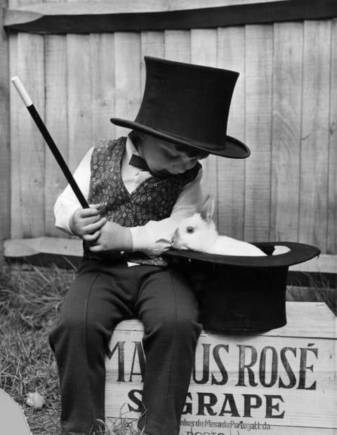 A young magician and his rabbit, 1971.