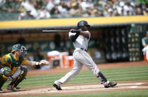 OAKLAND, CA – APRIL 22: Jackie Bradley Jr. #19 of the Boston Red Sox bats during the game against the Oakland Athletics at the Oakland Alameda Coliseum on April 22, 2018 in Oakland, California. The Athletics defeated the Red Sox 4-1. (Photo by Michael Zagaris/Oakland Athletics/Getty Images) *** Local Caption *** Jackie Bradley Jr.