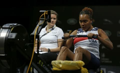 An athlete in the Invictus Games competes in indoor rowing