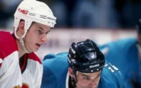 15 Apr 1998: Rightwinger Joe Murphy of the San Jose Sharks in action during a game against the Calgary Flames at the Canadian Airlines Saddledome in Calgary, Canada. The Flames and Sharks tied 3-3. Mandatory Credit: Ian Tomlinson /Allsport