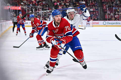 MONTREAL, CANADA – SEPTEMBER 29: Tanner Pearson #70 of the Montreal Canadiens skates during the second period of a pre-season game against the Toronto Maple Leafs at the Bell Centre on September 29, 2023 in Montreal, Quebec, Canada. The Toronto Maple Leafs defeated the Montreal Canadiens 2-1. (Photo by Minas Panagiotakis/Getty Images)