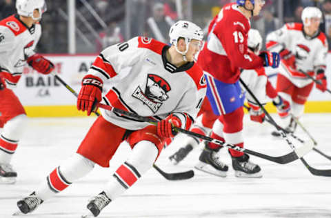 LAVAL, QC, CANADA – DECEMBER 28: Steven Lorentz #10 of the Charlotte Checkers changing direction against the Laval Rocket at Place Bell on December 28, 2018 in Laval, Quebec. (Photo by Stephane Dube /Getty Images)