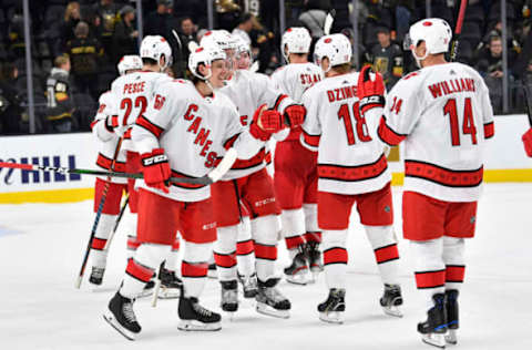 LAS VEGAS, NEVADA – FEBRUARY 08: The Carolina Hurricanes celebrate after defeating the Vegas Golden Knights in a shootout at T-Mobile Arena on February 08, 2020 in Las Vegas, Nevada. (Photo by Jeff Bottari/NHLI via Getty Images)