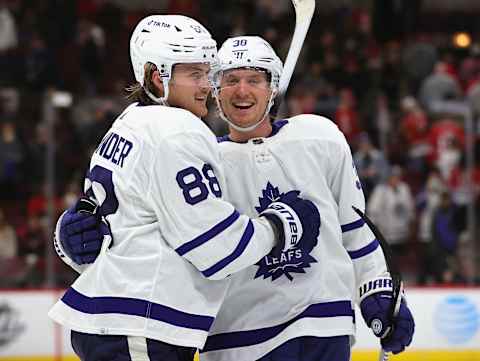 CHICAGO, ILLINOIS – OCTOBER 27: William Nylander #88 of the Toronto Maple Leafs celebrates getting the game-winning goal in overtime . (Photo by Jonathan Daniel/Getty Images)