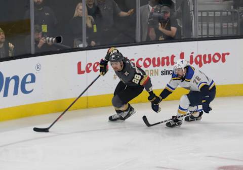 LAS VEGAS, NV – JANUARY 04: Vegas Golden Knights left wing William Carrier (28) skates with the puck during a regular season game against the St. Louis Blues Saturday, Jan. 4, 2020, at T-Mobile Arena in Las Vegas, Nevada. (Photo by: Marc Sanchez/Icon Sportswire via Getty Images)