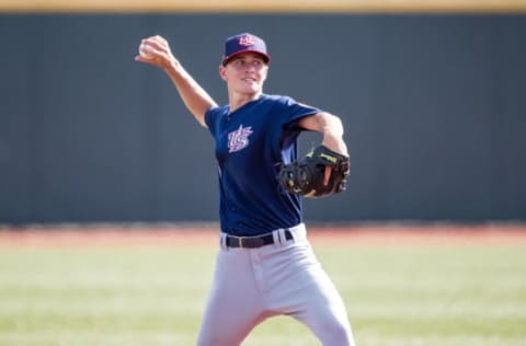 MINNEAPOLIS, MN- AUGUST 23: Brice Turang #1 of the USA Baseball 18U National Team throws during the national team trials on August 23, 2017 at Siebert Field in Minneapolis, Minnesota. (Photo by Brace Hemmelgarn/Getty Images)