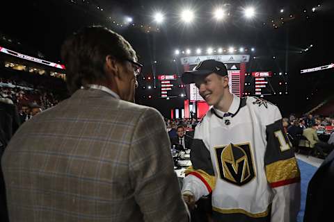 VANCOUVER, BRITISH COLUMBIA – JUNE 22: Pavel Dorofeyev reacts after being selected 79th overall by the Vegas Golden Knights during the 2019 NHL Draft at Rogers Arena on June 22, 2019 in Vancouver, Canada. (Photo by Bruce Bennett/Getty Images)