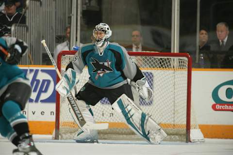 SAN JOSE, CA – MARCH 11: Goaltender Vesa Toskala #35 of the San Jose Sharks watches the action during a game against the Nashville Predators on March 11, 2006 at the HP Pavilion in San Jose, California. The Sharks won the game 3-2. (Photo by Don Smith/Getty Images)