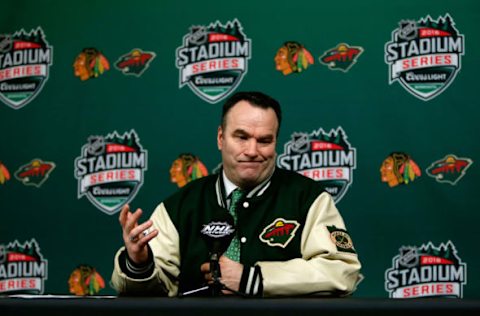 MINNEAPOLIS, MN – FEBRUARY 21: Head coach John Torchetti of the Minnesota Wild speaks at a post game press conference after the 2016 Coors Light Stadium Series game between the Chicago Blackhawks and the Minnesota Wild at TCF Bank Stadium on February 21, 2016 in Minneapolis, Minnesota. (Photo by Eliot J. Schechter/NHLI via Getty Images)