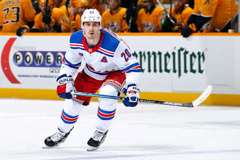 NASHVILLE, TENNESSEE – DECEMBER 29: Chris Kreider #20 of the New York Rangers skates against the Nashville Predators during the second period at Bridgestone Arena on December 29, 2018 in Nashville, Tennessee. (Photo by Frederick Breedon/Getty Images)