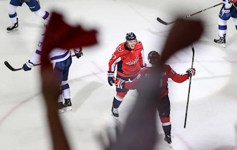 WASHINGTON, DC – MAY 21: Fans wave their towels after Washington Capitals right wing T.J. Oshie (77) scored in the second period against the Tampa Bay Lightning during game six of the eastern conference finals at Capital One Arena. (Photo by Jonathan Newton/The Washington Post via Getty Images)