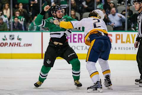 DALLAS, TX – DECEMBER 05: Dallas Stars left wing Curtis McKenzie (11) and Nashville Predators defenseman Anthony Bitetto (2) get into a fight during the game between the Dallas Stars and the Nashville Predators on Tuesday 05, 2017 at the American Airlines Center in Dallas, Texas. Nashville beats Dallas 5-2. (Photo by Matthew Pearce/Icon Sportswire via Getty Images)