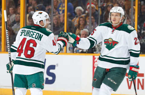 NASHVILLE, TN – DECEMBER 15: Jonas Brodin #25 celebrates his goal with Jared Spurgeon #46 of the Minnesota Wild against the Nashville Predators during an NHL game at Bridgestone Arena on December 15, 2016 in Nashville, Tennessee. (Photo by John Russell/NHLI via Getty Images)