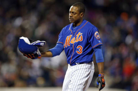 Apr 8, 2017; New York City, NY, USA; New York Mets right fielder Curtis Granderson (3) reacts after flying out against the Miami Marlins to end the fifth inning at Citi Field. Mandatory Credit: Adam Hunger-USA TODAY Sports