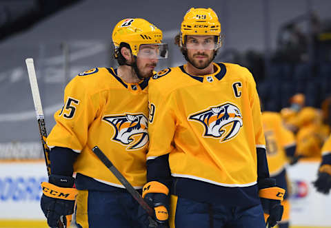 Nashville Predators center Matt Duchene (95) talks with Nashville Predators defenseman Roman Josi (59) Mandatory Credit: Christopher Hanewinckel-USA TODAY Sports