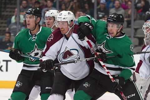 Oct 5, 2016; Dallas, TX, USA; Colorado Avalanche defenseman Patrick Wiercioch (28) defends against Dallas Stars left wing Curtis McKenzie (11) during the second period at the American Airlines Center. Mandatory Credit: Jerome Miron-USA TODAY Sports